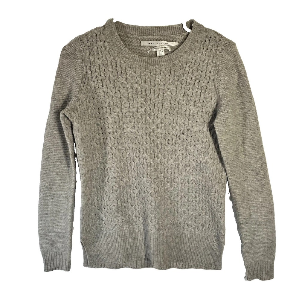 Max Studio Women's Cashmere Knit Crewneck Sweater Light Gray Size Medium